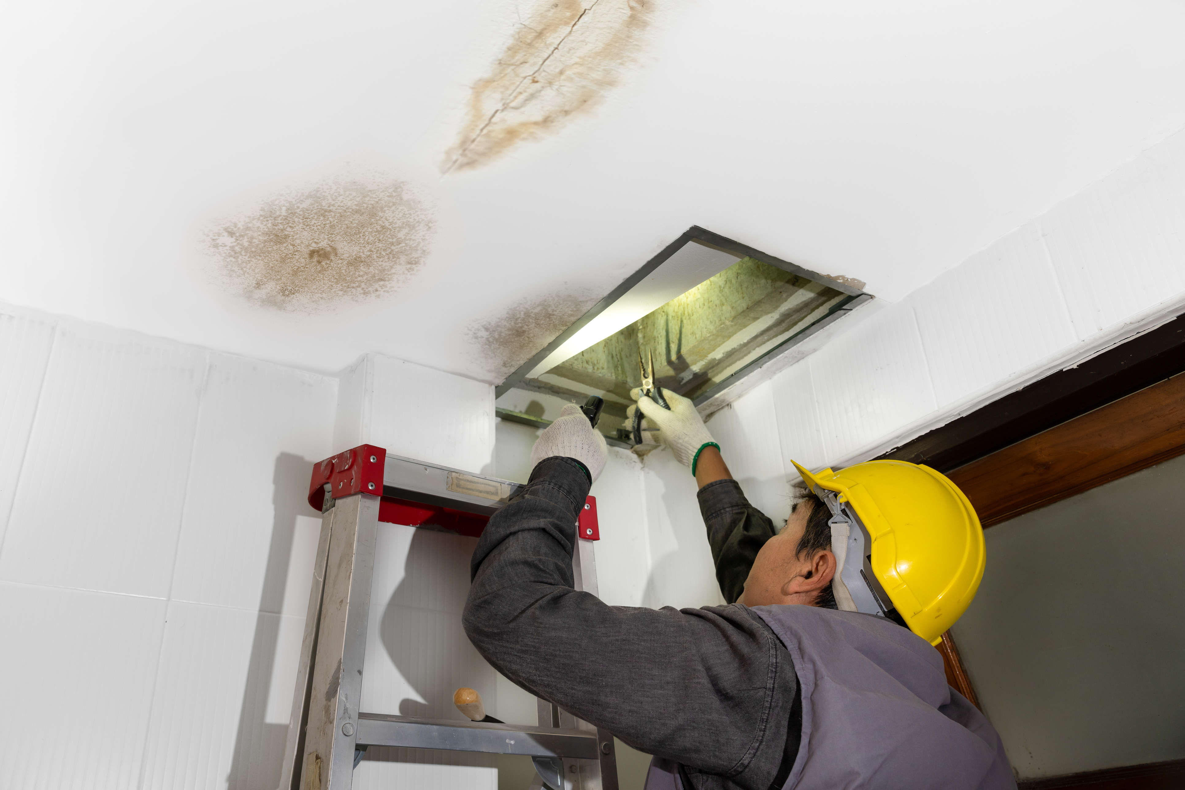 Person standing on a ladder reaching into a vent on the  ceiling next to water stain