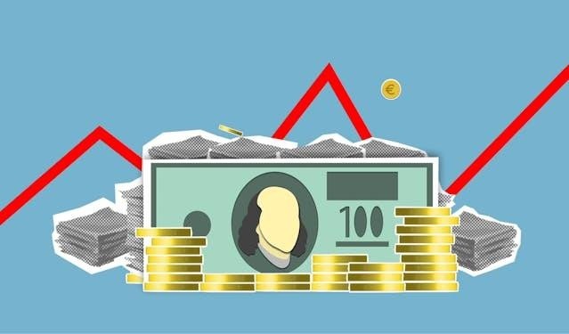 Digital design of money and a graph on a blue background